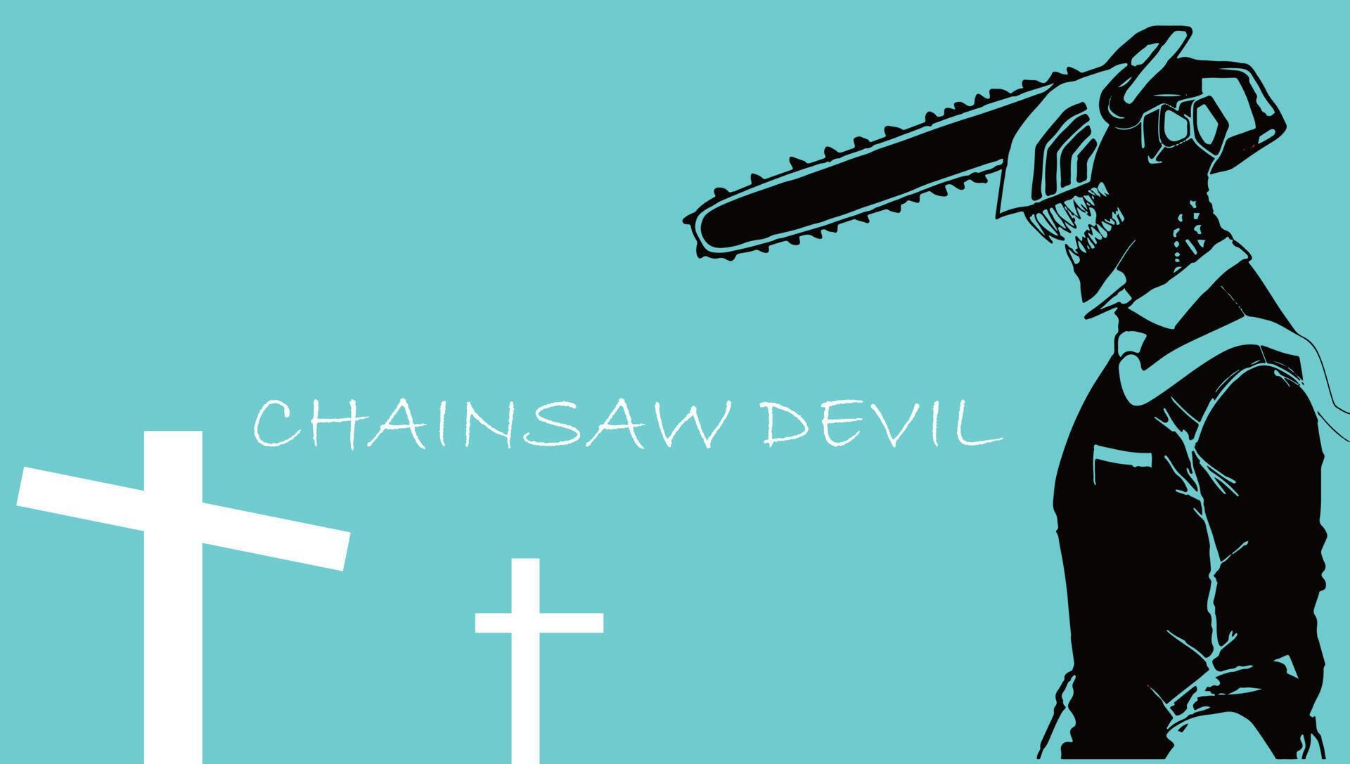 chainsaw devil silhouette scary devil with light blue background