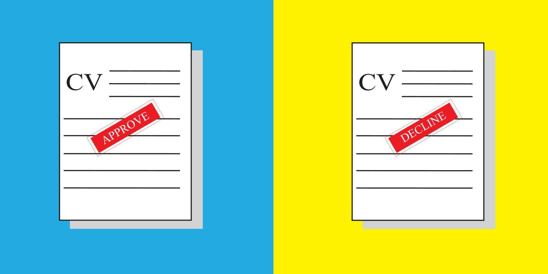 Cv papers icon. Outline cv papers vector icon for web design isolated on yellow and blue background with shadow with decline and approve stamp red