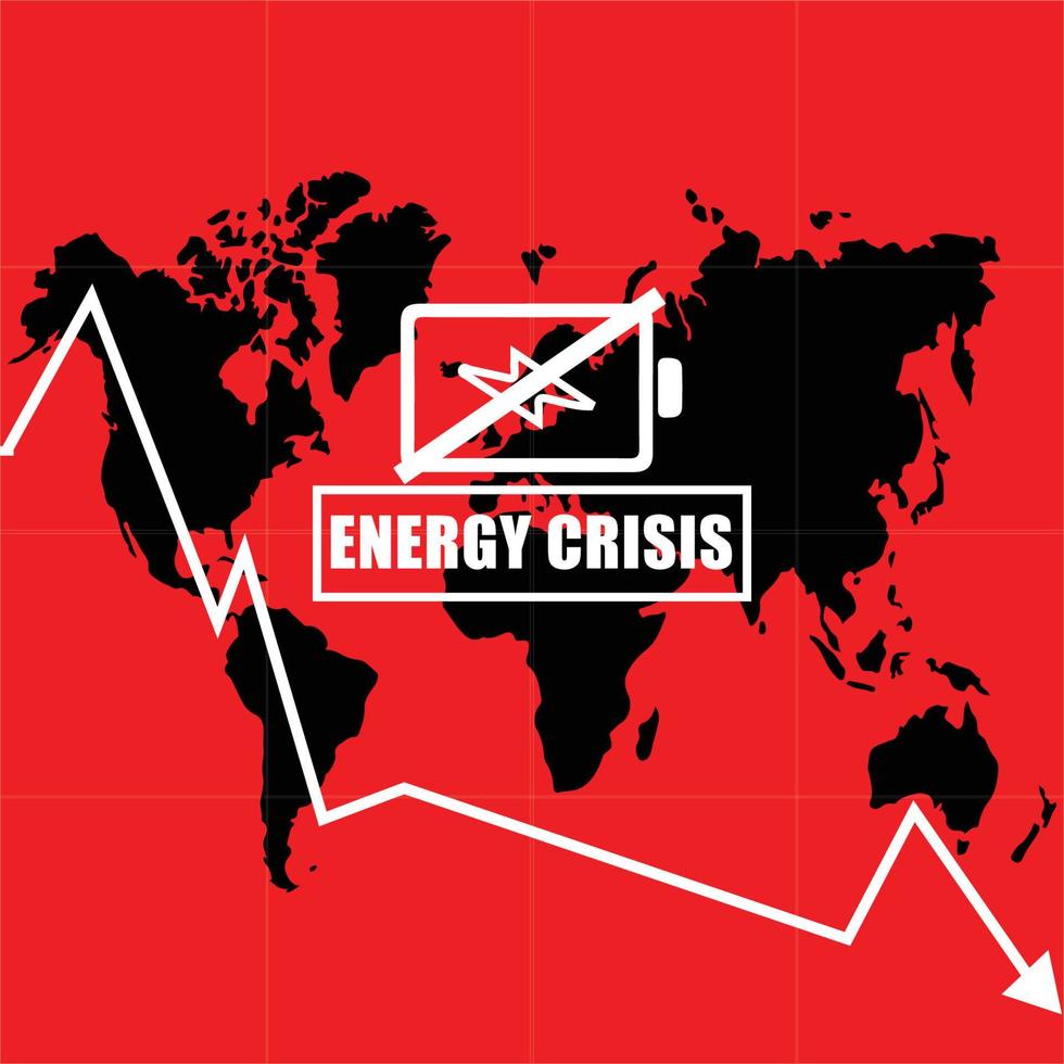 concepto de crisis energética. mapa mundial en crisis energética con icono de batería de baja energía aislado en fondo rojo y gráfico de línea descendente vector