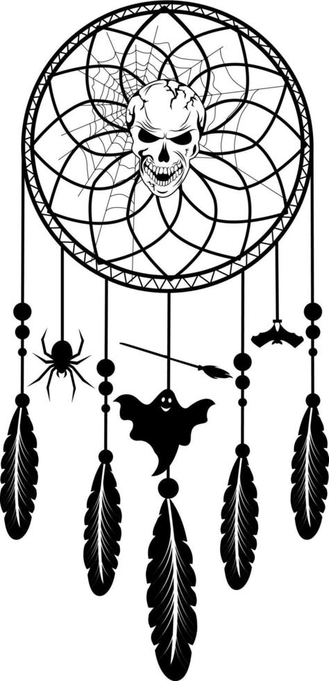 atrapasueños con plumas y un fantasma, una calavera en el centro. Víspera de Todos los Santos. cosa ritual. espíritu bohemio americano. vector