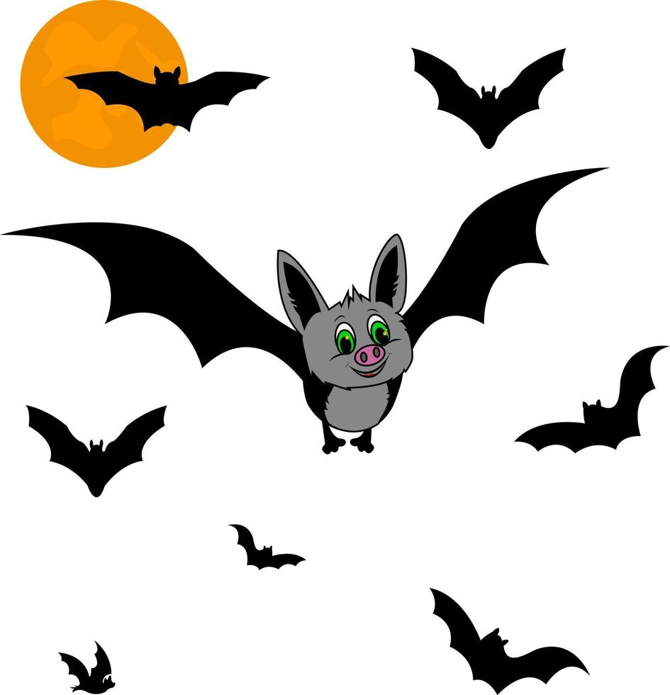 luna llena y murciélagos, fondo de halloween. lindo murciélago de dibujos animados. vector