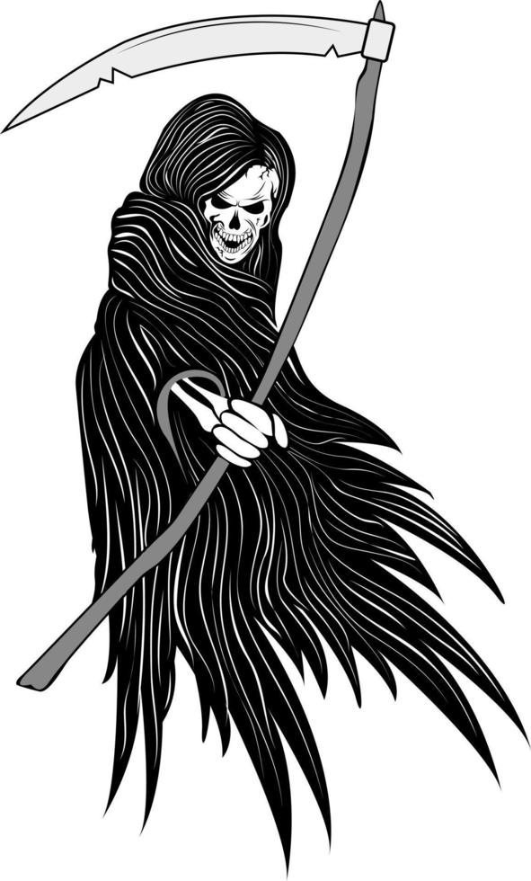 An angel of death with wings and a scythe in a bony hand. Scull. Halloween. vector