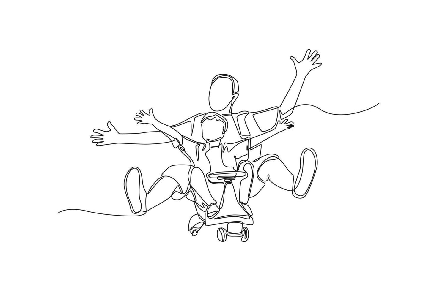 dibujo de una sola línea padre e hijo jugando con go kart en la carretera. concepto de tiempo familiar. ilustración de vector gráfico de diseño de dibujo de línea continua.