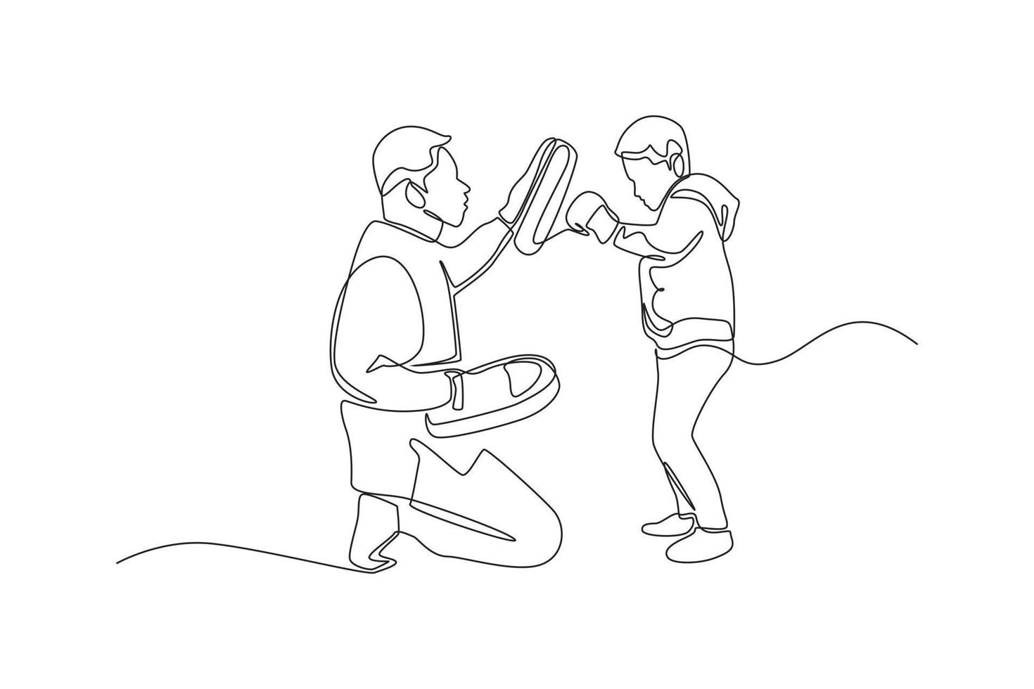 Single one line drawing father boxing Exercises Training with his son. Family time concept. Continuous line draw design graphic vector illustration.
