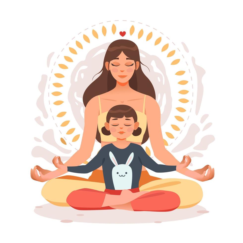 Mother and kid practicing yoga exercises. Mom and baby are sitting in the lotus position. Parent and daughter during workout. Vector illustration