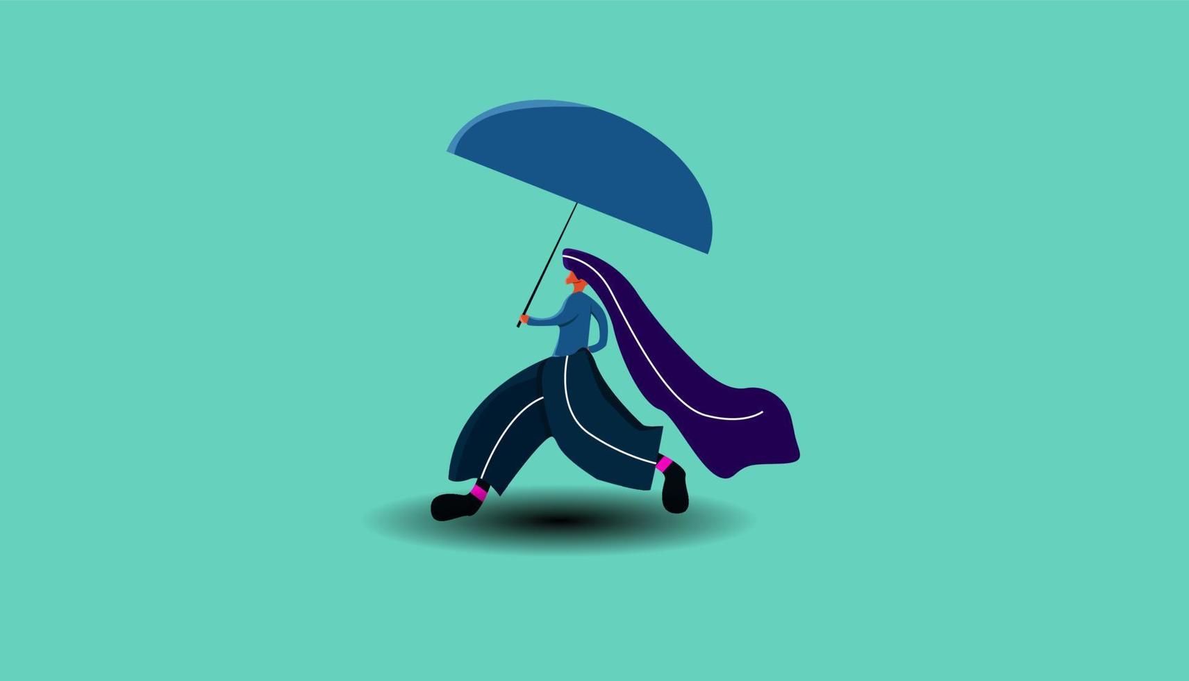 Flat illustration of a minimalist design girl or person walking with an umbrella, background ornaments and decorations vector