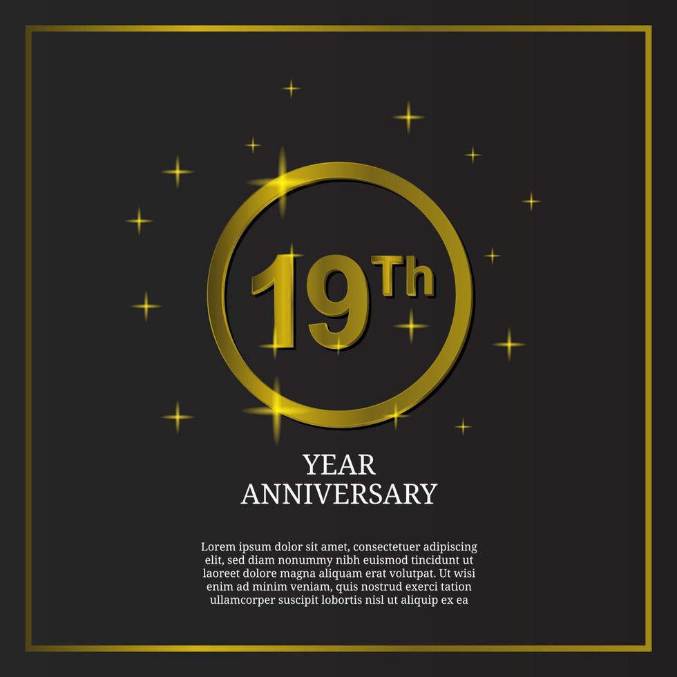 Logotipo de tipo de icono de celebración del 19 aniversario en color dorado de lujo vector