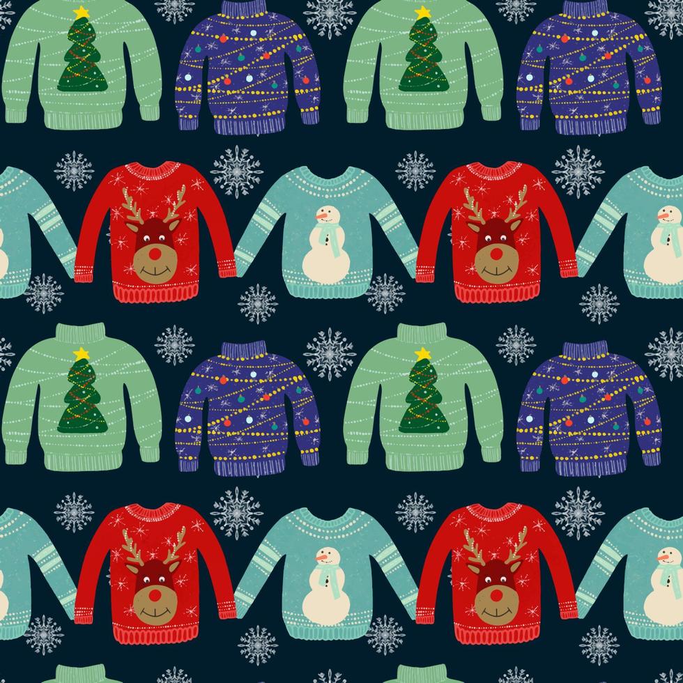 Seamless pattern with ugly sweaters illustration on a dark background with snowflakes vector