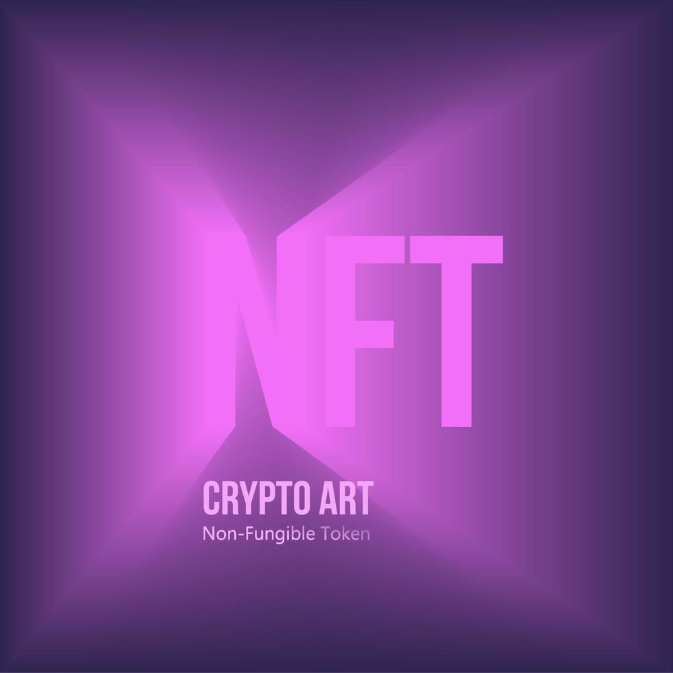 Purple abbreviation NFT text illustration non-fungible token crypto art on dark background. Vector cryptocurrency