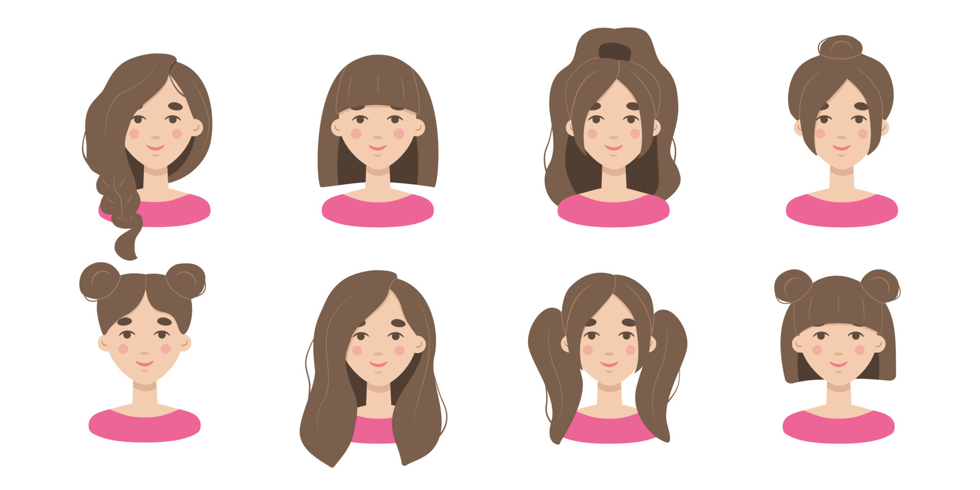 Set of modern fashion hairstyles. Beautiful collection of woman portraits  with trendy haircuts. Vector long hair, short hair, curly hair salon trends  12464342 Vector Art at Vecteezy