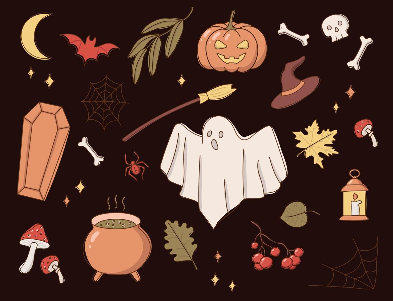 Vector collection of autumn halloween icons. Pumpkin, ghost, moon, bat, spider, pot, sceleton, rowan, leaves, mushrooms, web, candle, coffin, broomstick, bones. October set of holiday season elements