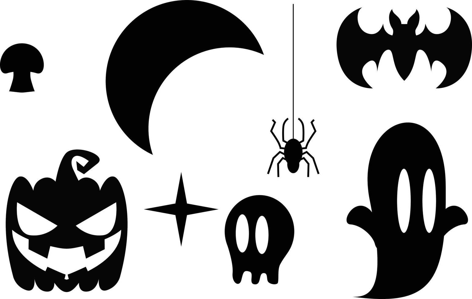 conjunto de ilustraciones vectoriales de siluetas de calabaza, estrellas, luna, murciélagos, arañas, fantasmas, calaveras para el diseño de halloween, en fondo blanco vector