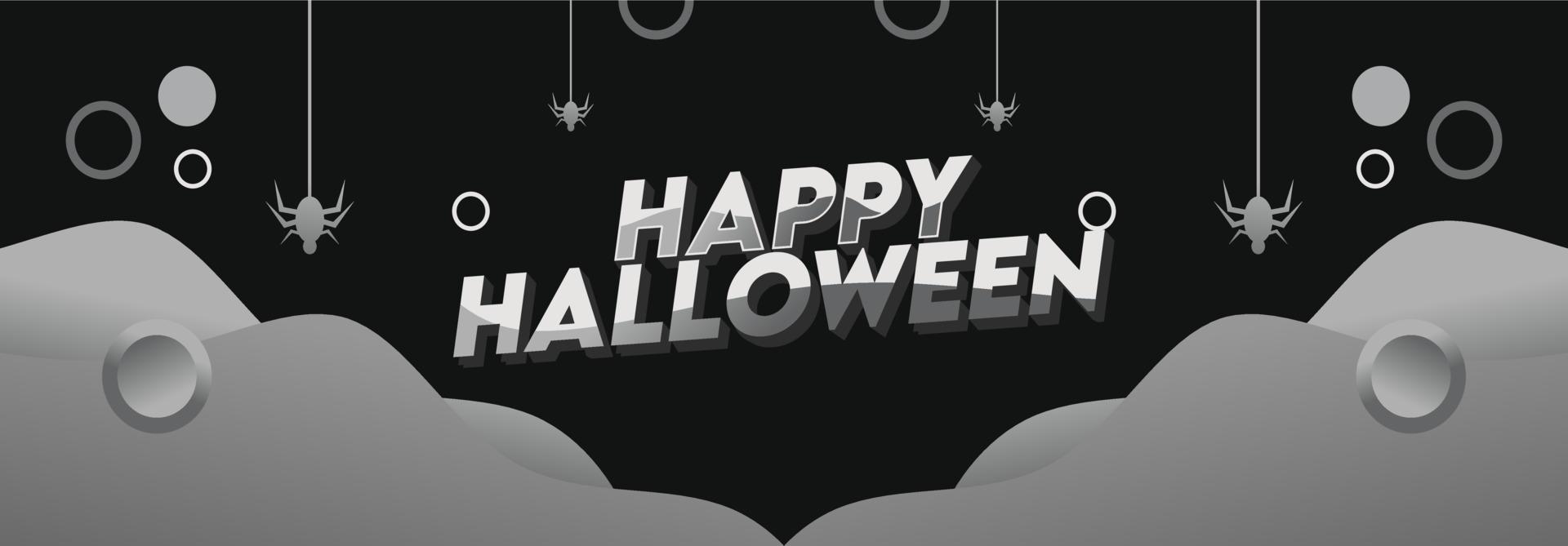 Happy Halloween banner or party invitation background with night clouds and pumpkins in modern gradient style. Vector illustration. Full moon in the sky, spider webs and flying bats. Place for text