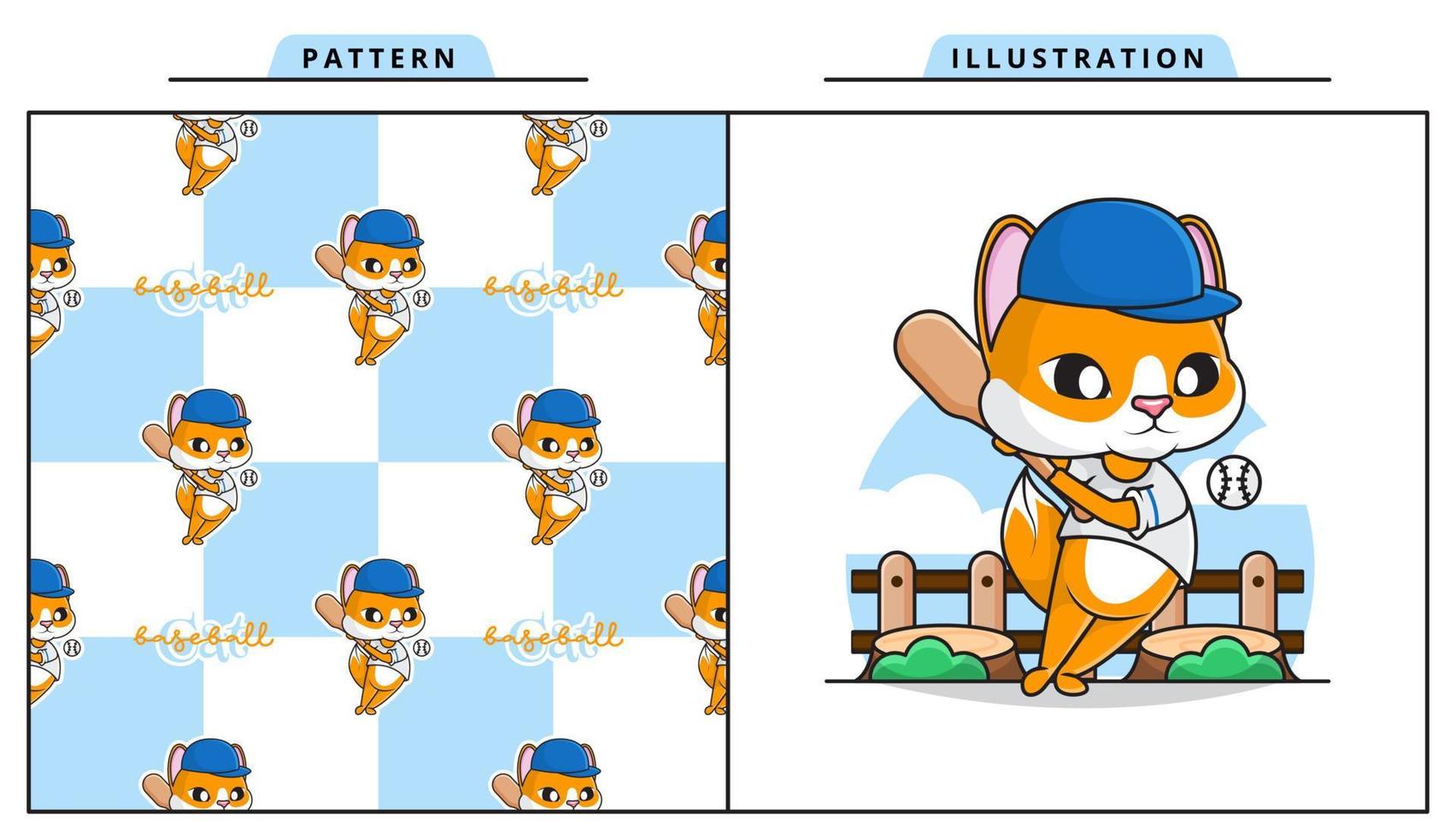Illustration Vector Graphic of Cute Cat Playing Baseball with Decorative Seamless Pattern