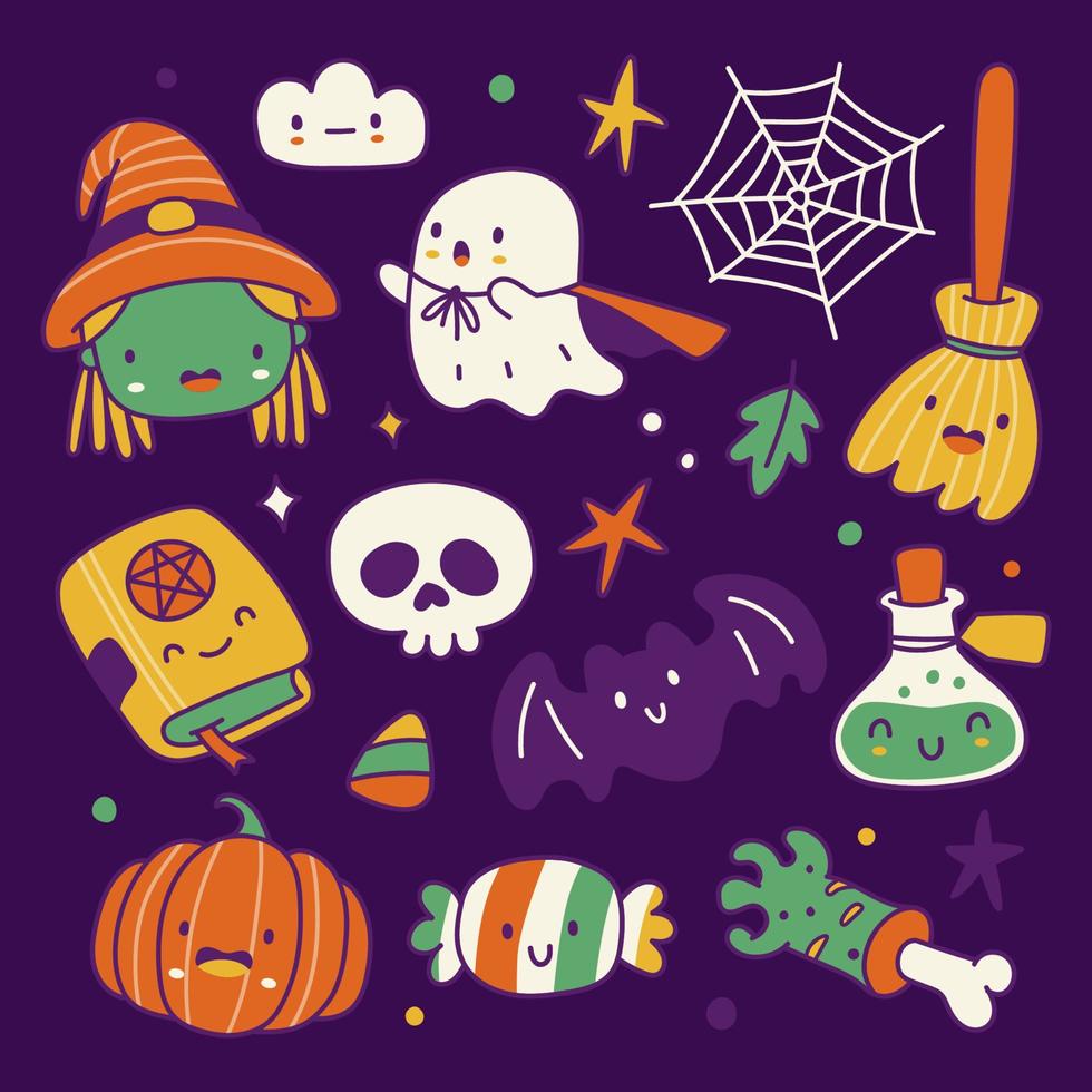 colección de elementos de halloween en estilo kawaii vector