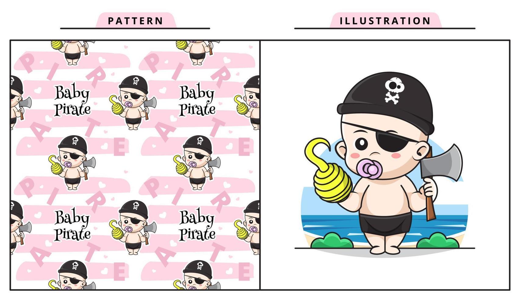 Illustration Vector Graphic of Cute Baby Wearing Pirate Costume and Holding Ax with Decorative Seamless Pattern