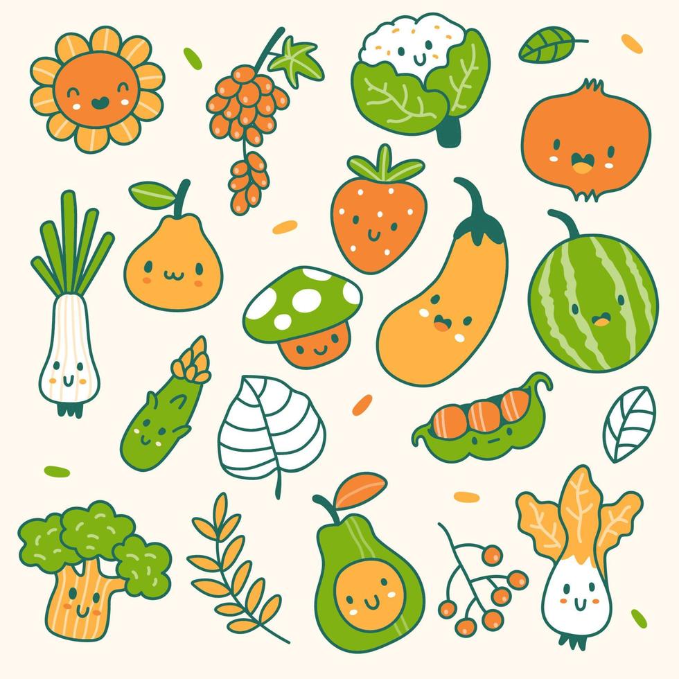 conjunto de frutas y verduras en estilo kawaii vector