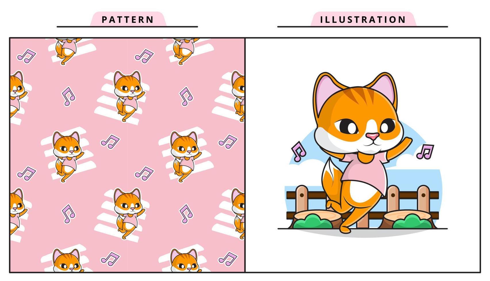Illustration Vector Graphic of Cute Dancing Cat with Decorative Seamless Pattern