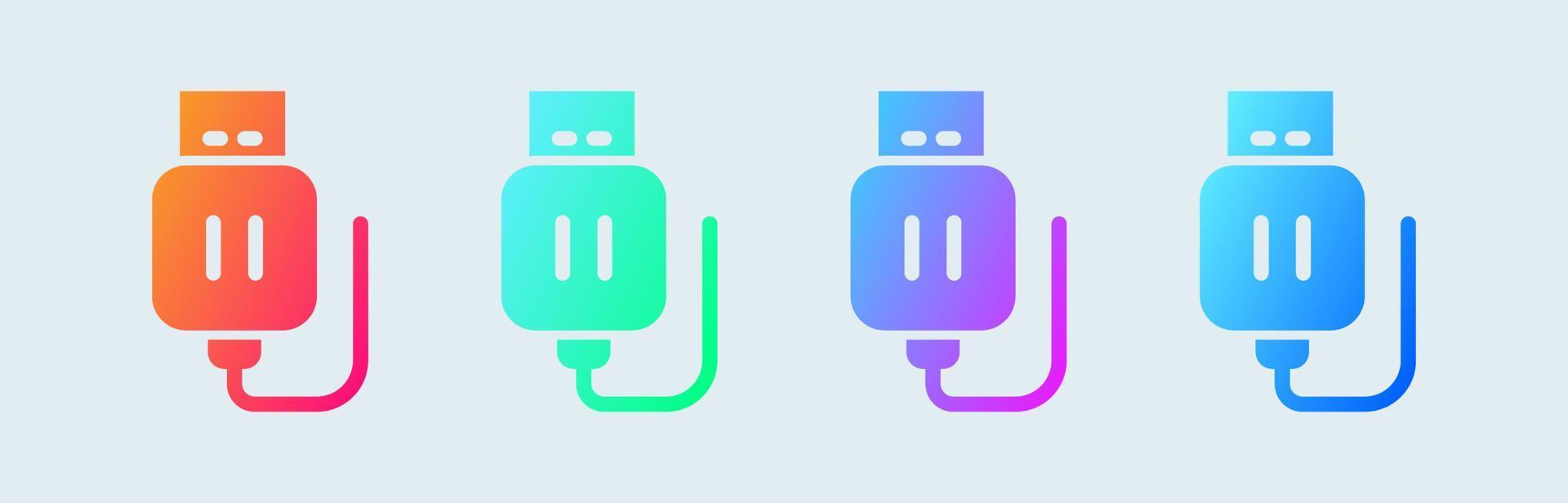 icono sólido de la memoria USB en colores degradados. Ilustración de vector de signos de disco flash.