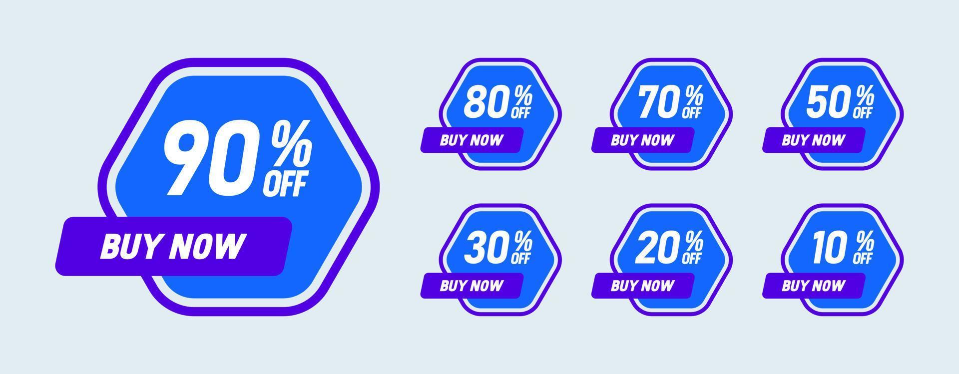 Discount label sticker collection. Buy now with 90, 80, 70, 50, 30, 20, 10 percent off special price. vector