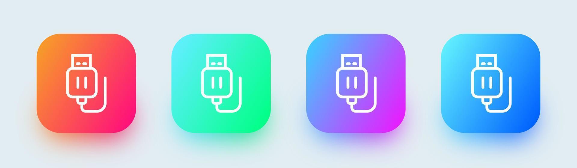 icono de línea de memoria USB en colores degradados cuadrados. Ilustración de vector de signos de disco flash.