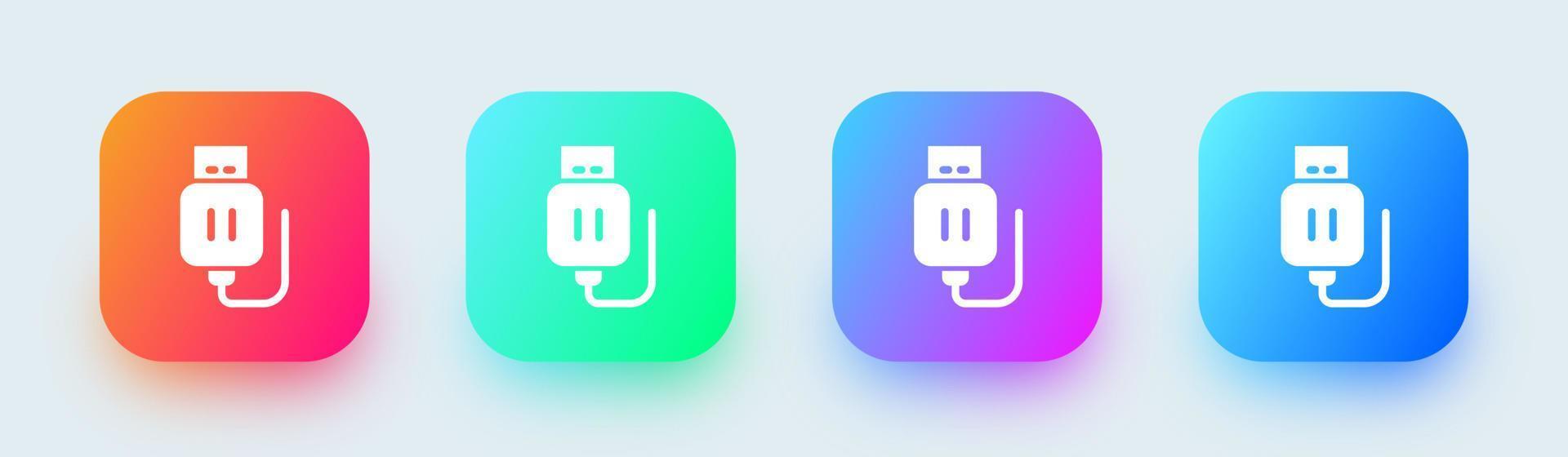 icono sólido de la memoria USB en colores degradados cuadrados. Ilustración de vector de signos de disco flash.