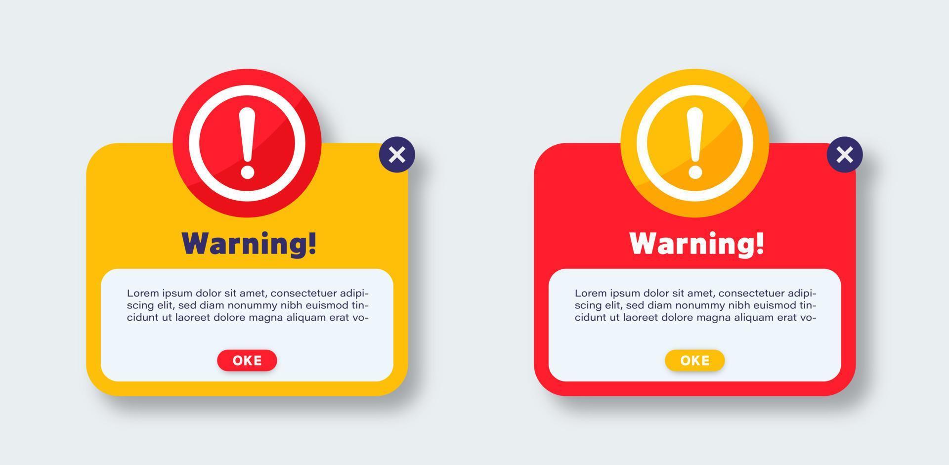 colección de plantillas de ventana emergente de advertencia. mensajes de notificación de advertencia. vector