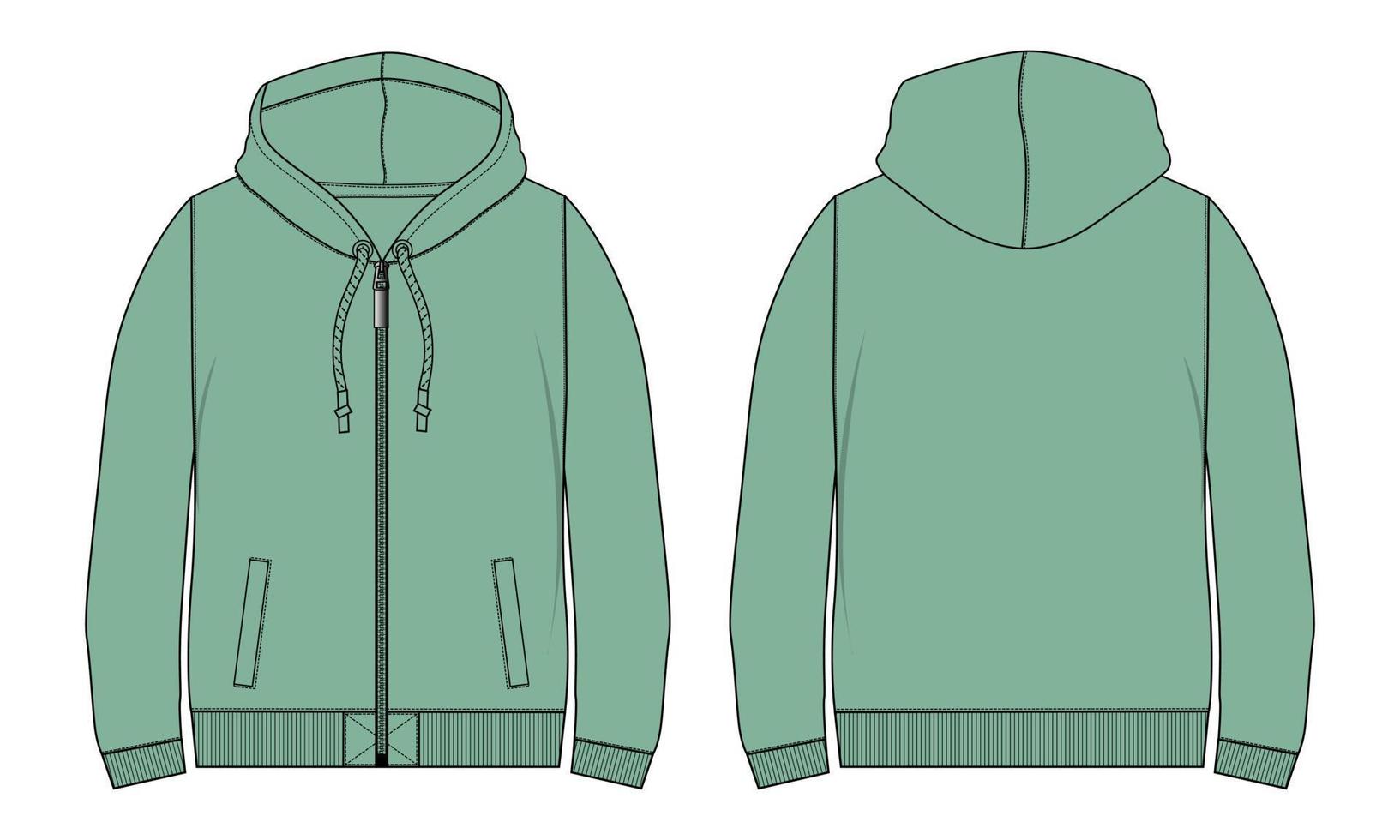 Long Sleeve Hoodie technical fashion flat sketch vector illustration template front and back views.