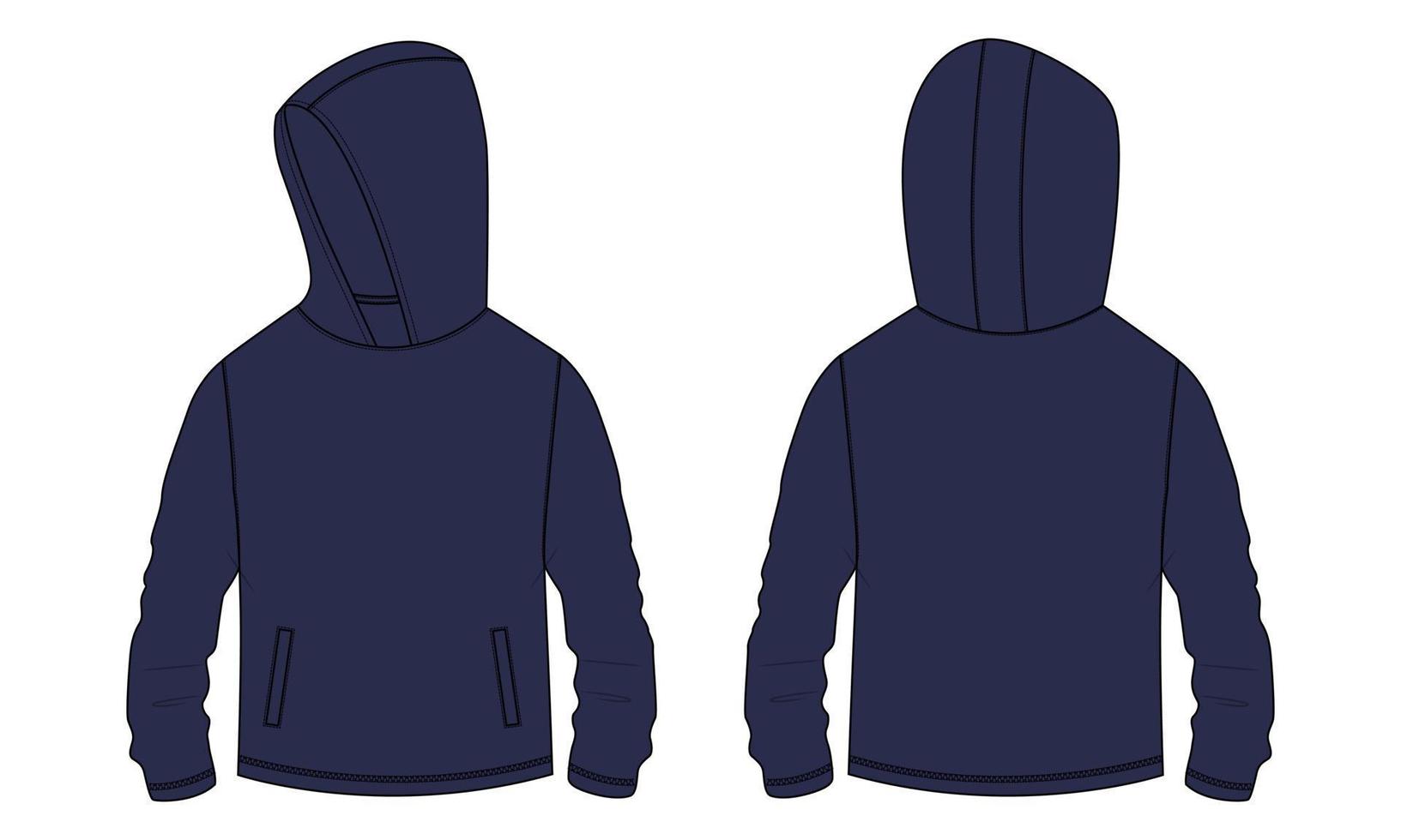 Long sleeve hoodie with Zipper technical fashion Drawing sketch template front and back view. apparel dress design vector illustration mock up jacket CAD.