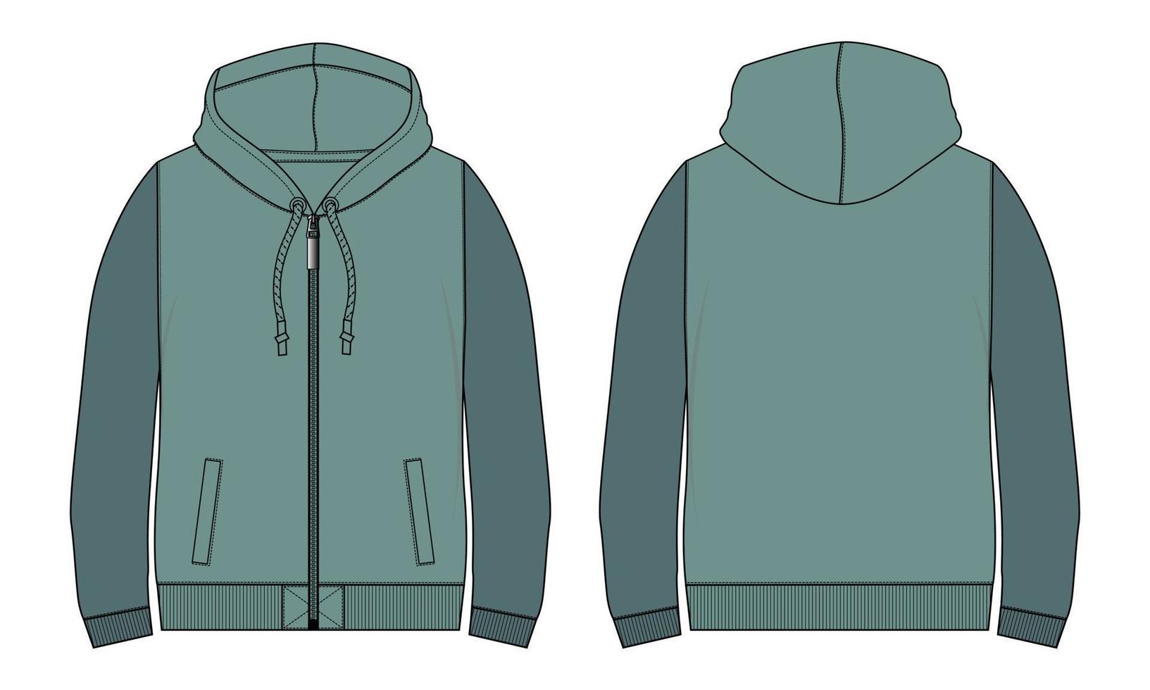 Long Sleeve Hoodie technical fashion flat sketch vector illustration template front and back views.