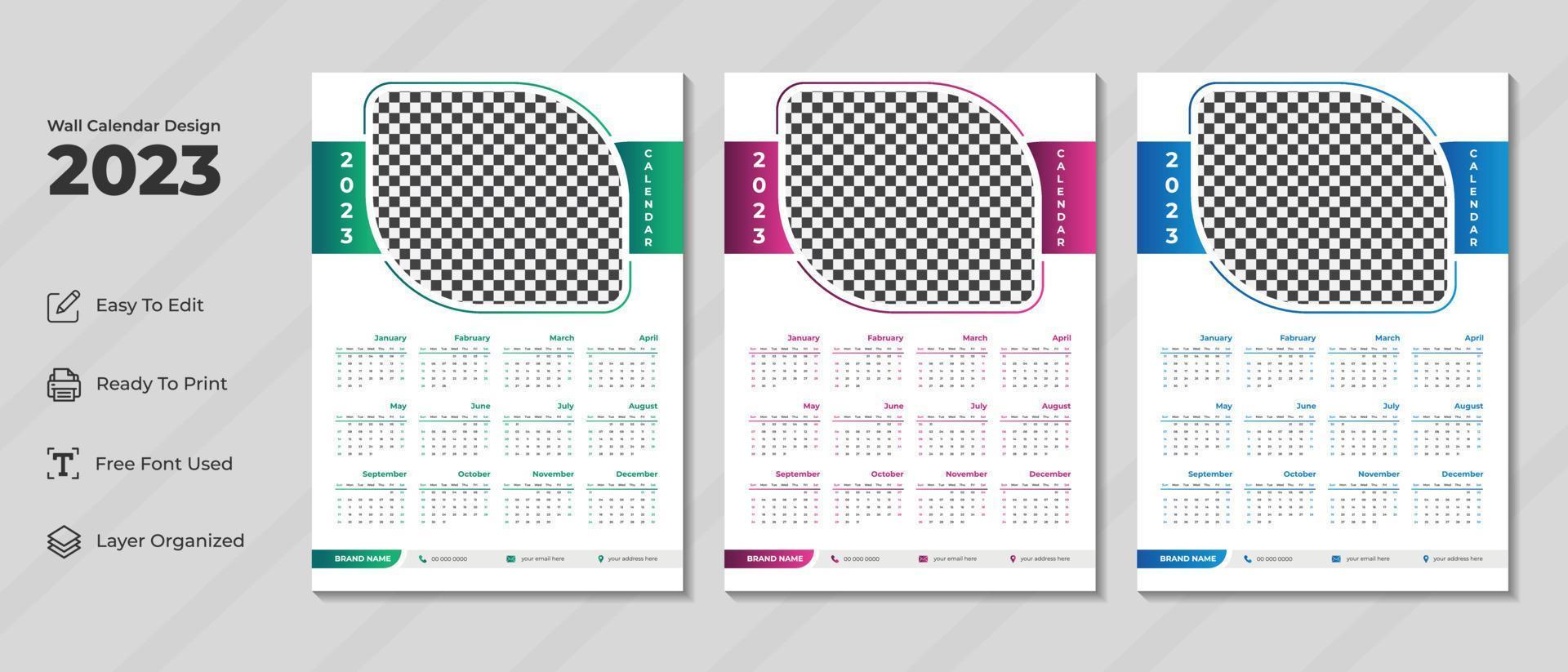 Plantilla de diseño de calendario de pared 2023 con color verde, morado y azul. diario corporativo y planificador de negocios. semana comienza el domingo. diseño de calendario de pared moderno para el nuevo año 2023. vector