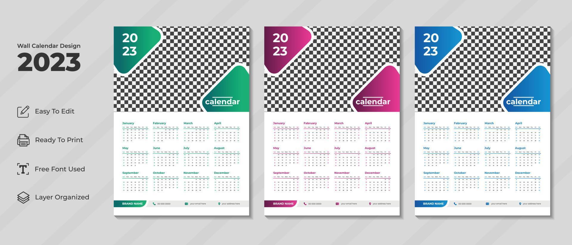 Plantilla de diseño de calendario de pared 2023 con color verde, morado y azul. diario corporativo y planificador de negocios. semana comienza el domingo. diseño de calendario de pared moderno para el nuevo año 2023. vector