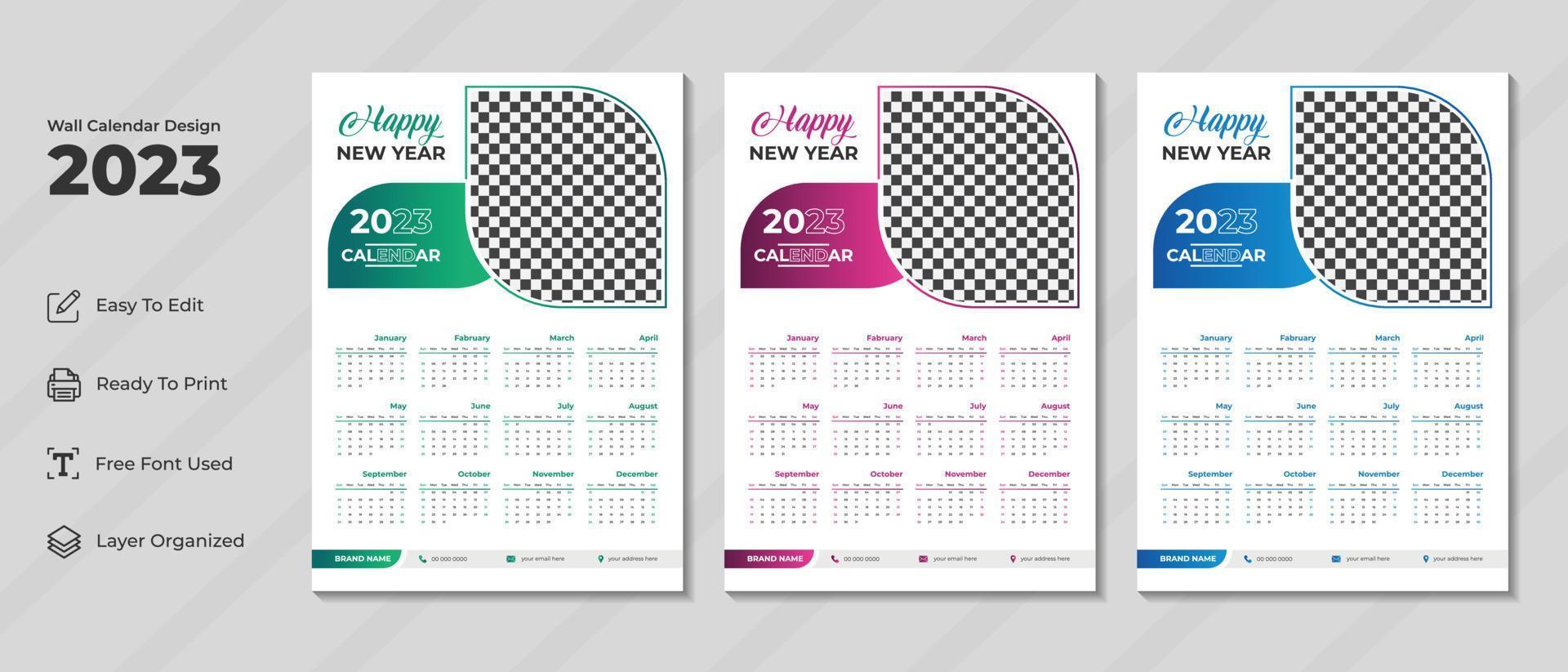 2023 wall calendar design template with green, purple and blue color. Corporate and business planner diary. Week starts on Sunday. Modern wall calendar design for new year 2023. vector