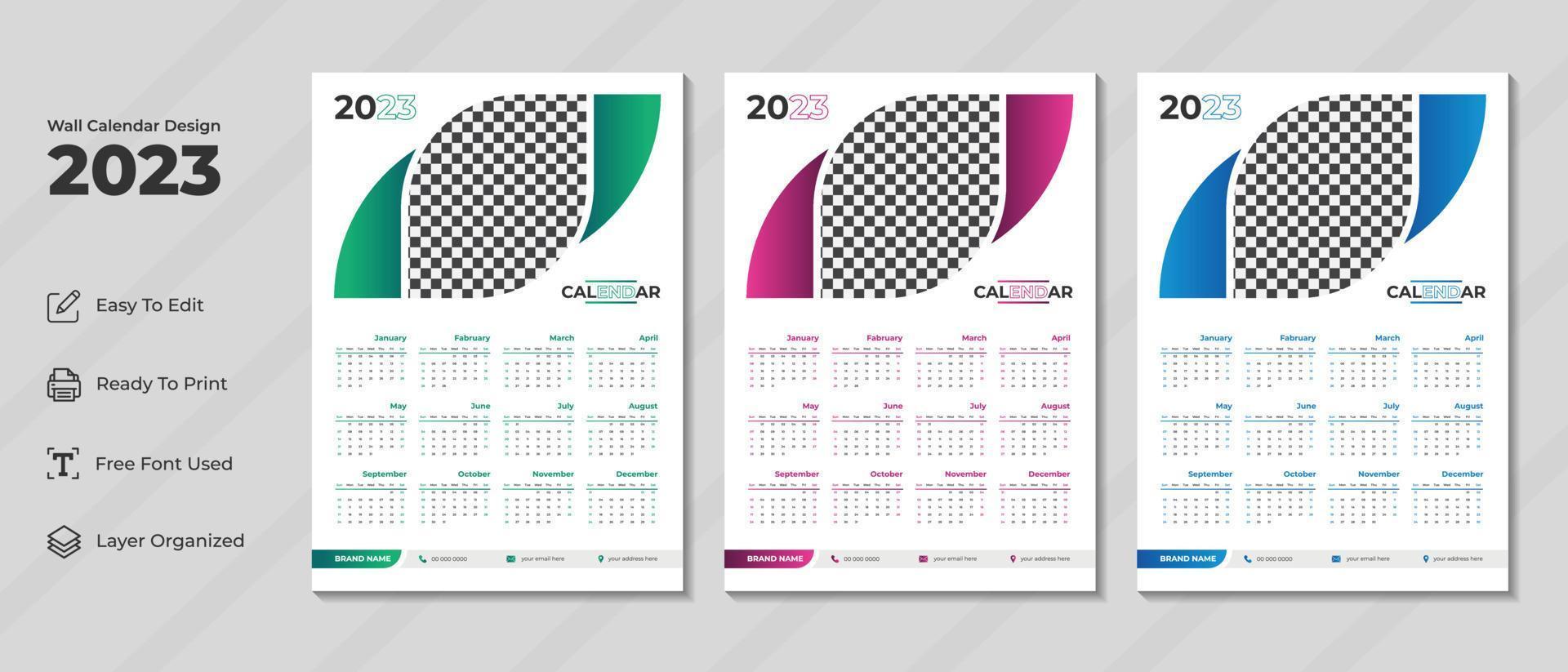 Plantilla de diseño de calendario de pared 2023 con color verde, morado y azul. diario corporativo y planificador de negocios. semana comienza el domingo. diseño de calendario de pared moderno para el nuevo año 2023. vector