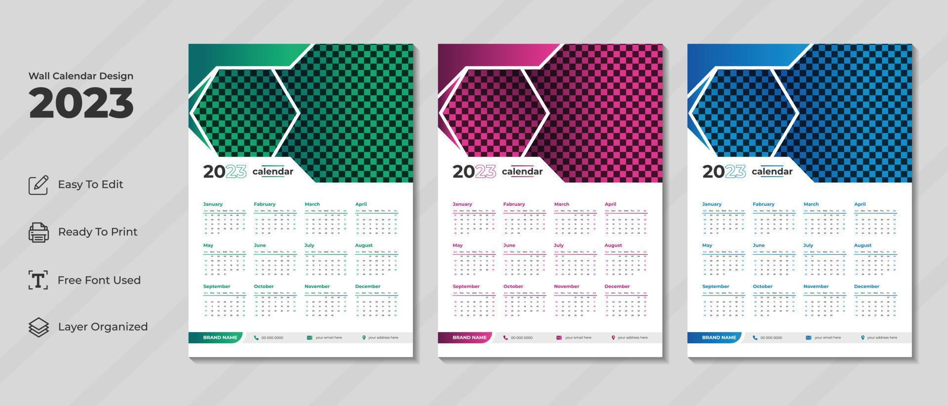 Plantilla de diseño de calendario de pared 2023 con color verde, morado y azul. diario corporativo y planificador de negocios. semana comienza el domingo. diseño de calendario de pared moderno para el nuevo año 2023. vector