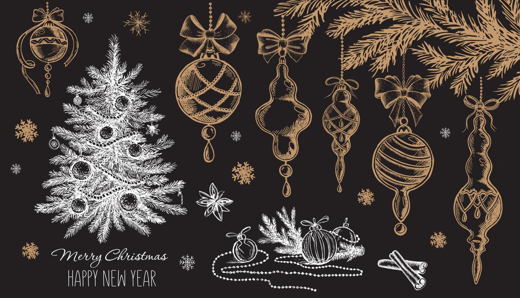 árbol de navidad, juguetes, estilo dibujado a mano, ilustración vectorial vector