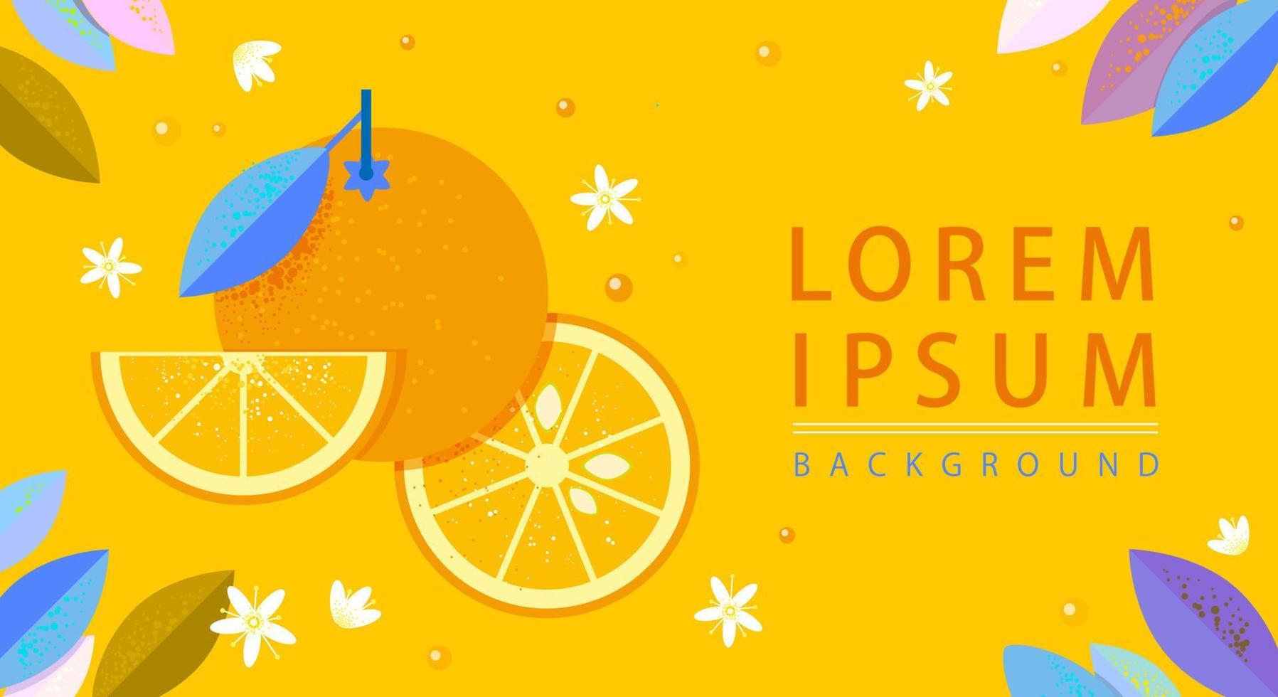 poster template, label, orange, orange slices, orange leaves and flowers on yellow background vector