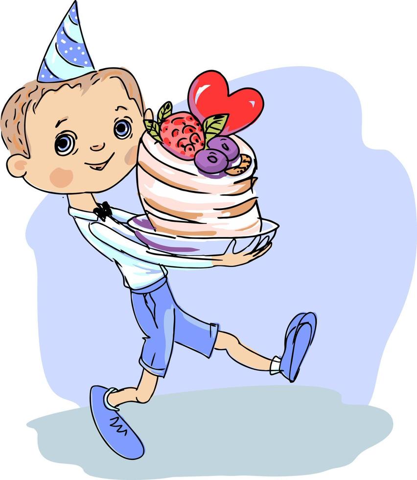 Funny cheerful cartoon boy walks with a cake in his hands and a foolish cap on his head. vector