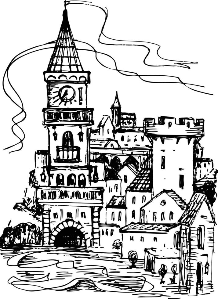 Pen drawing of a fragment of a street or a small town. vector