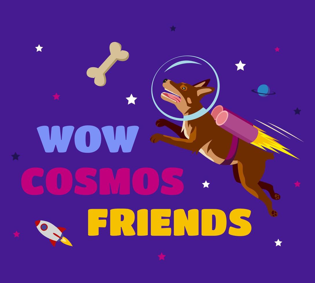 Vector illustration of a cute astronaut dog in a spacesuit floating in space with a dog bone. Vector illustration with text