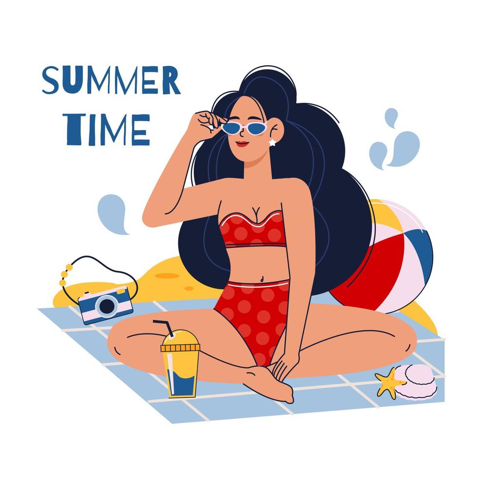 gráfico de stock abstracto vectorial dibujado a mano dibujos animados de horario de verano, ilustraciones de estilo minimalista impresas con una hermosa chica bohemia haciendo un picnic en la playa sola, aislada en fondo blanco vector