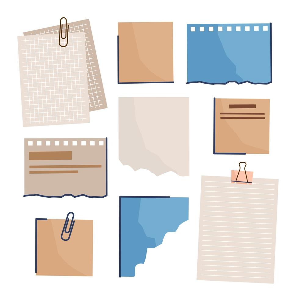 Sheets of note paper with paper clips and adhesive tape. Torn paper for notes. Vector illustration