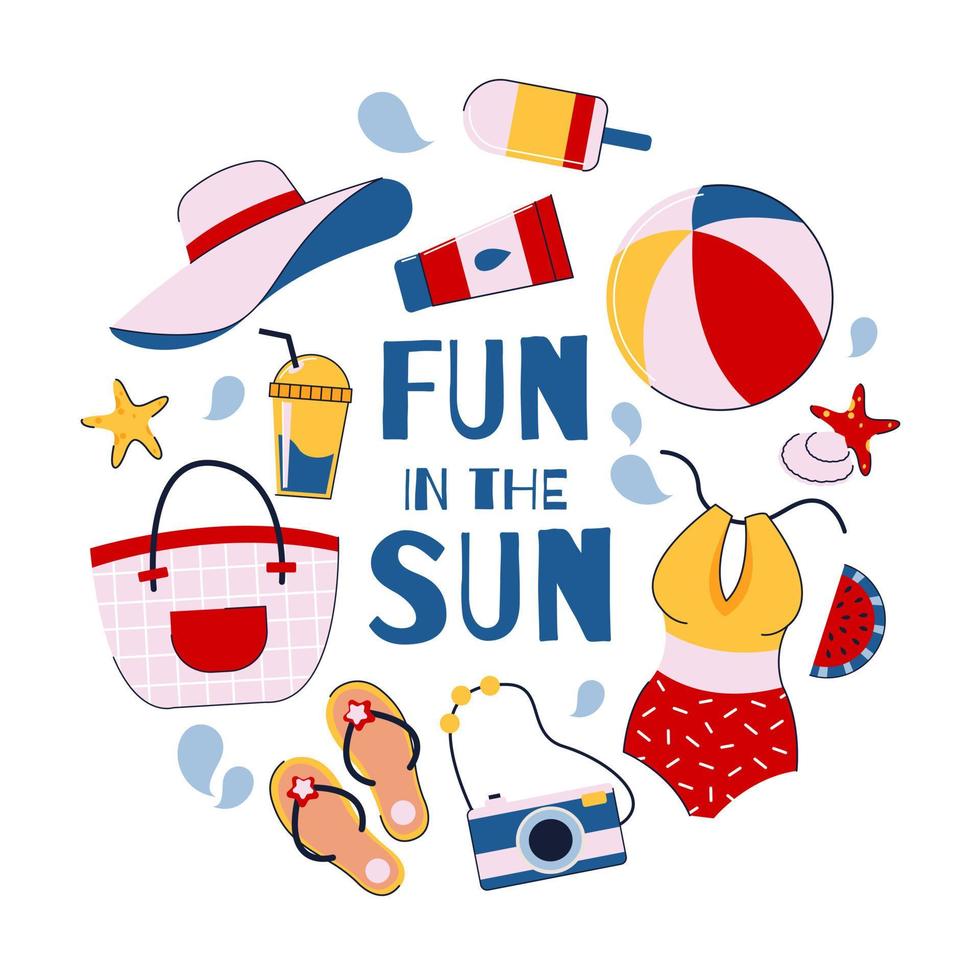 Summer set, bright accessories in a circle. Vector flat illustration