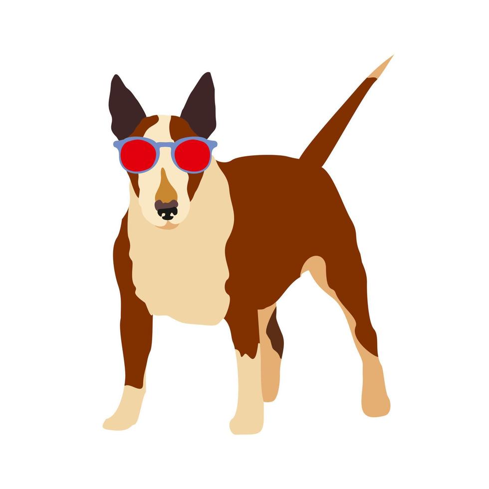 Vector illustration of a fashionable dog. A brown bull terrier with glasses stands on an isolated background