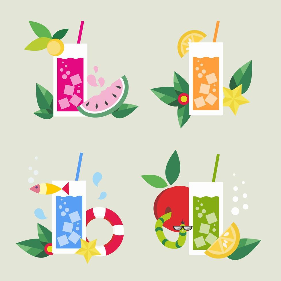 la apertura de la temporada de surf y un conjunto de menús de chiringuitos. varios cócteles frescos en un vaso. jugo y limonada. ilustración plana vectorial vector