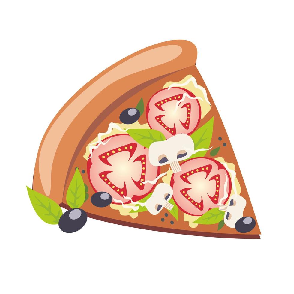 Top view of a pizza with various ingredients. A whole pizza with mushrooms, tomatoes, onions, peppers and cheese. Italian pizza. Vector illustration in cartoon style