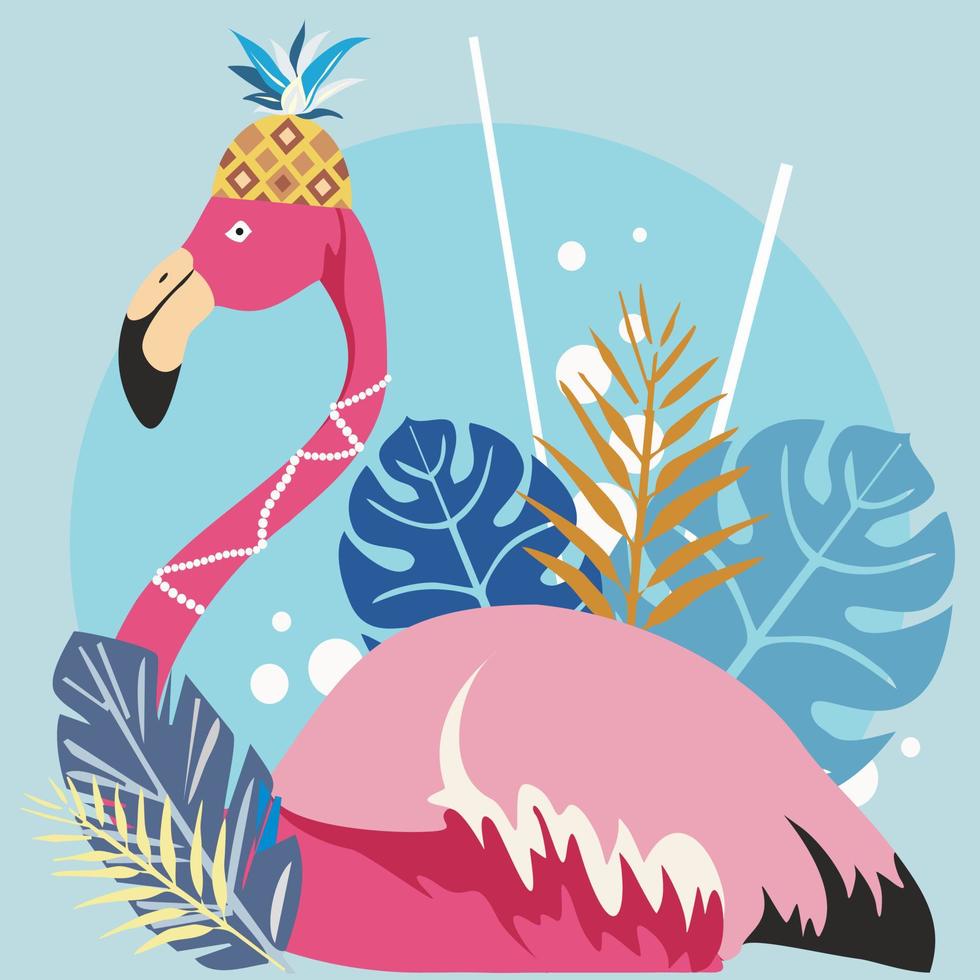 pájaros exóticos flamencos rosados, hojas y flores de palmeras tropicales, playa de la selva. ilustración vectorial sobre un fondo azul vector