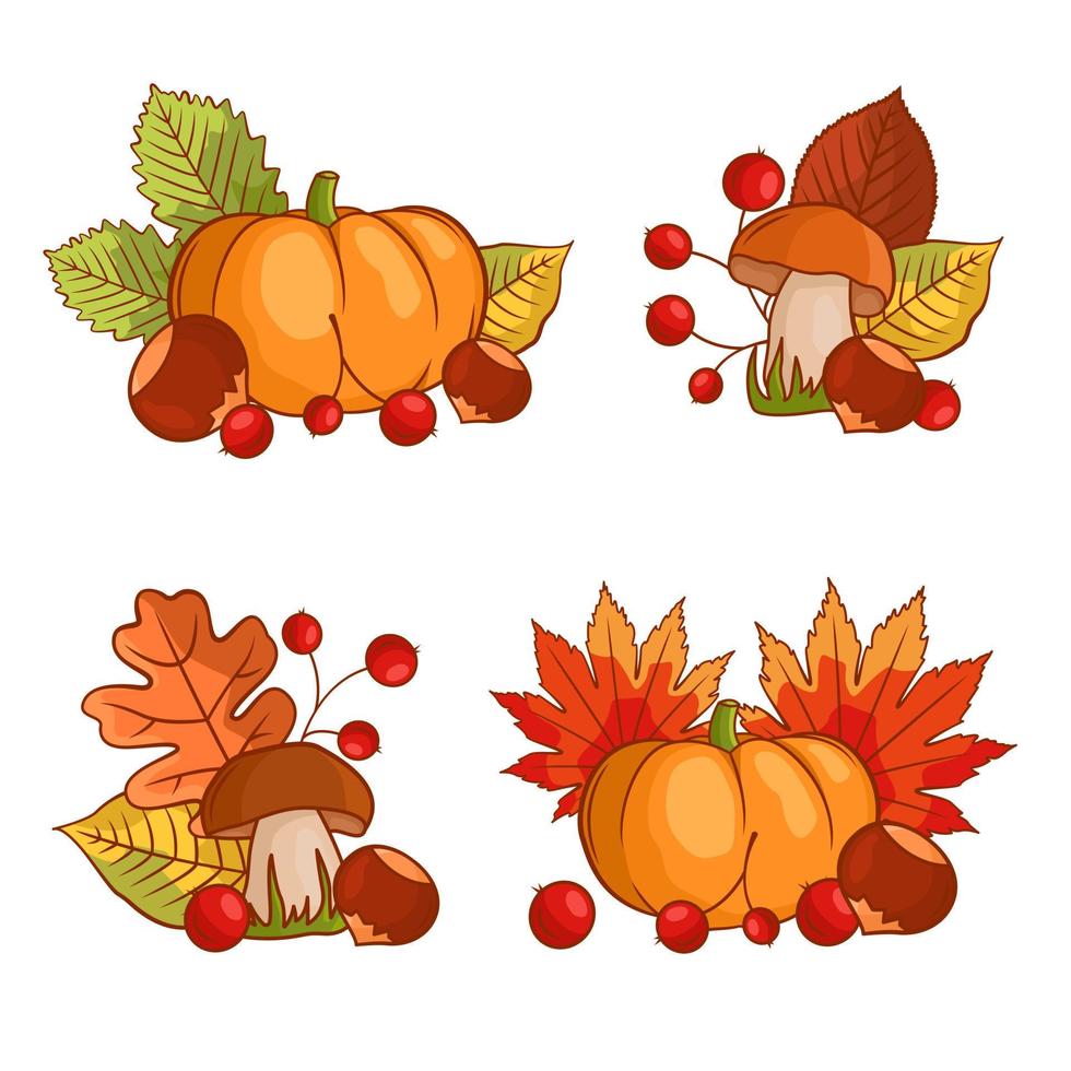 Autumn vegetable composition with pumpkin, mushrooms, leaves, berries, chestnuts. Autumn still life with the autumn harvest season. Color flat vector illustration isolated on a white background