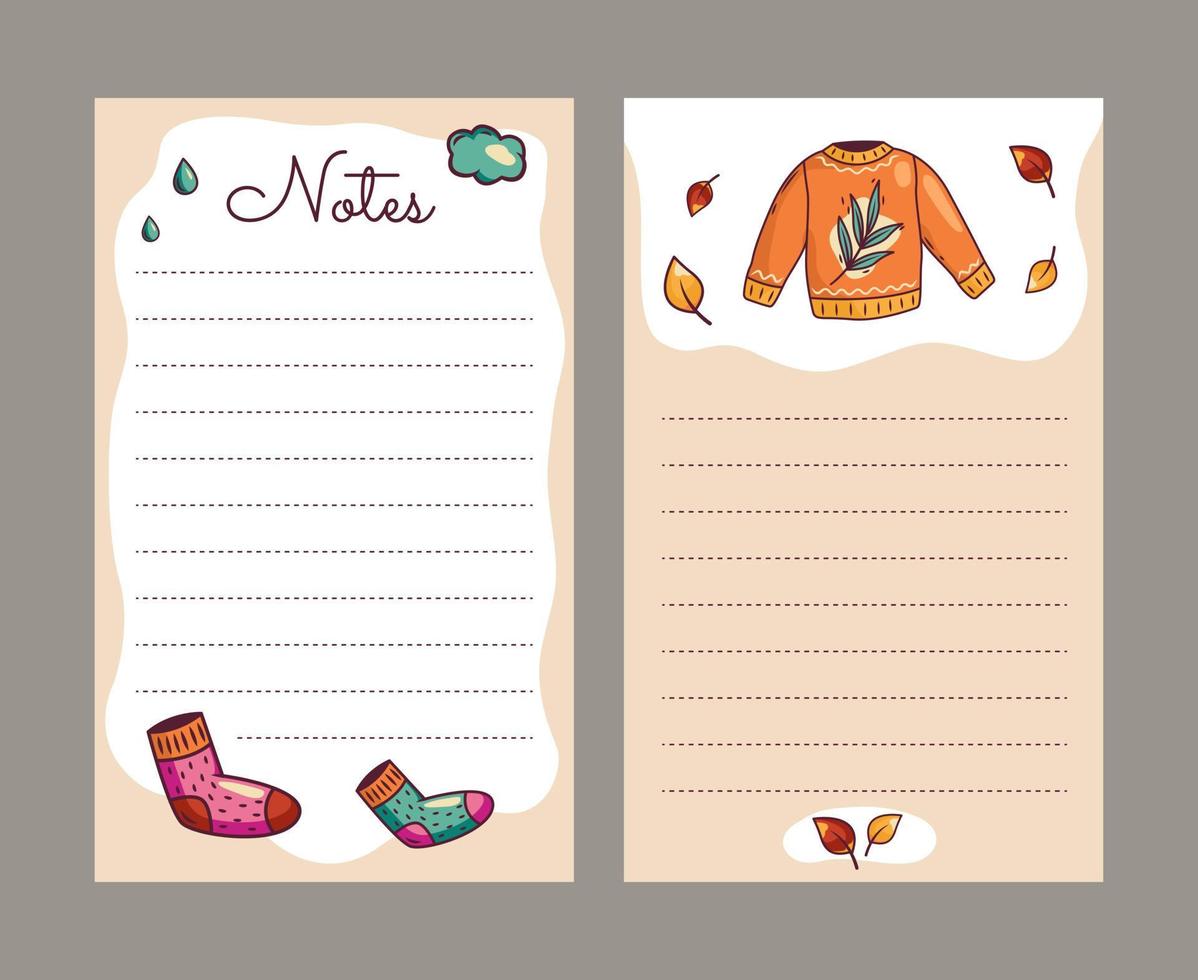 Knitting elements of a postcard. A template for notes made of clean paper, a cozy cardigan, wool socks. A set of vector sheets for notebooks in Scandinavian style autumn winter