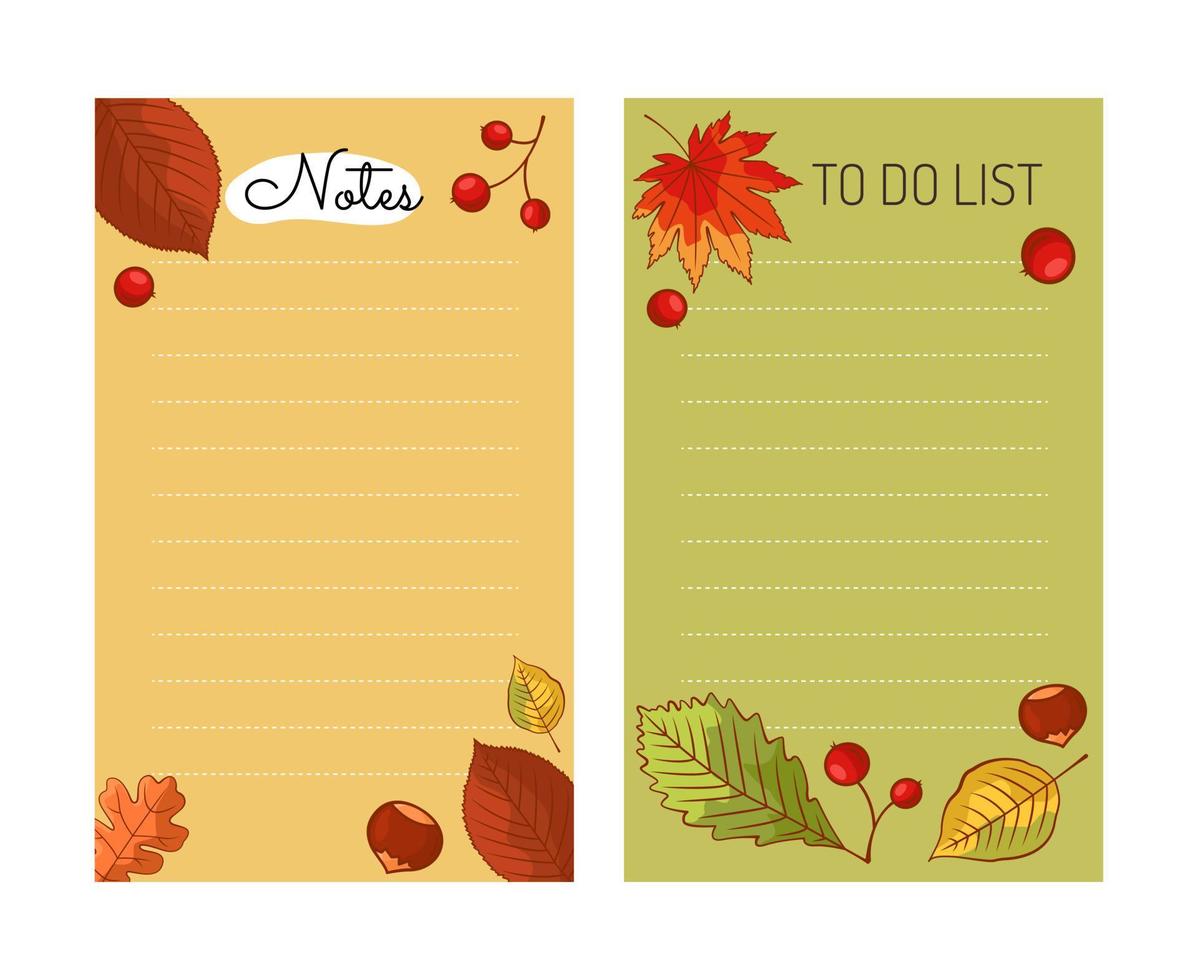 The daily to-do list creates a cozy autumn atmosphere. Fashionable autumn elements of the organizer. Vector illustration in cartoon style. Isolated background